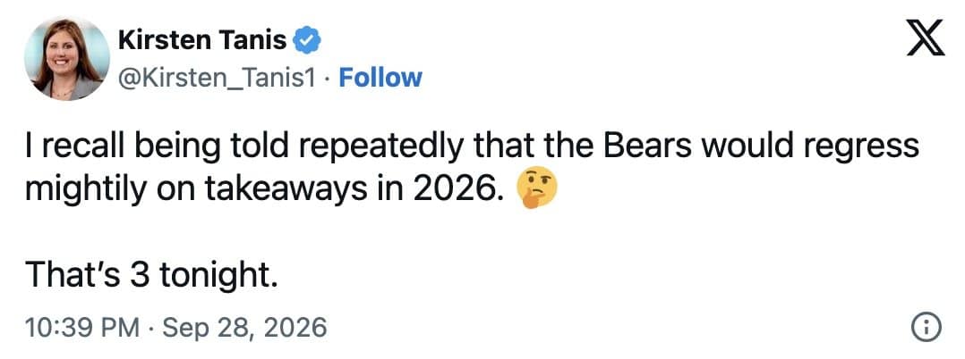 Kirsten Tanis tweet noting three Bears takeaways after being told the team would regress on turnovers