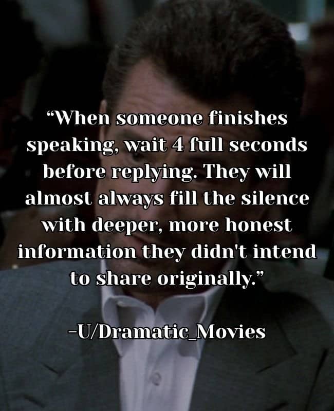 Man in suit overlaid with text advice recommending waiting four seconds before replying during conversations.