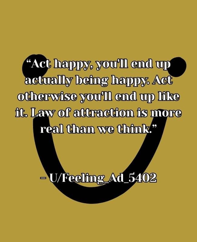 Large black smiley face graphics on gold background paired with law of attraction text quote.