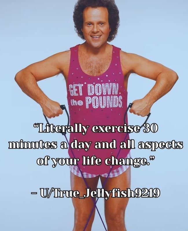 Richard Simmons holding resistance bands with text quote claiming 30 minutes of daily exercise changes life.