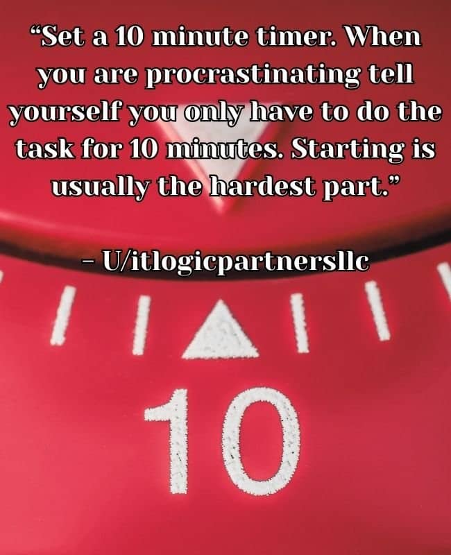 Red kitchen timer set to ten minutes with productivity quote about tricking procrastination habits.