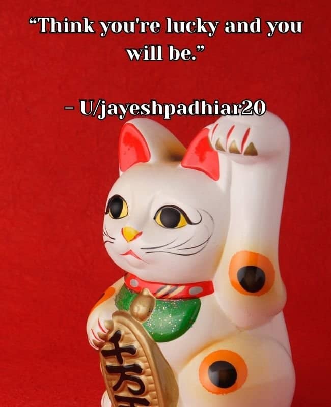 White ceramic lucky cat statue with raised paw under quote about thinking yourself into luck.