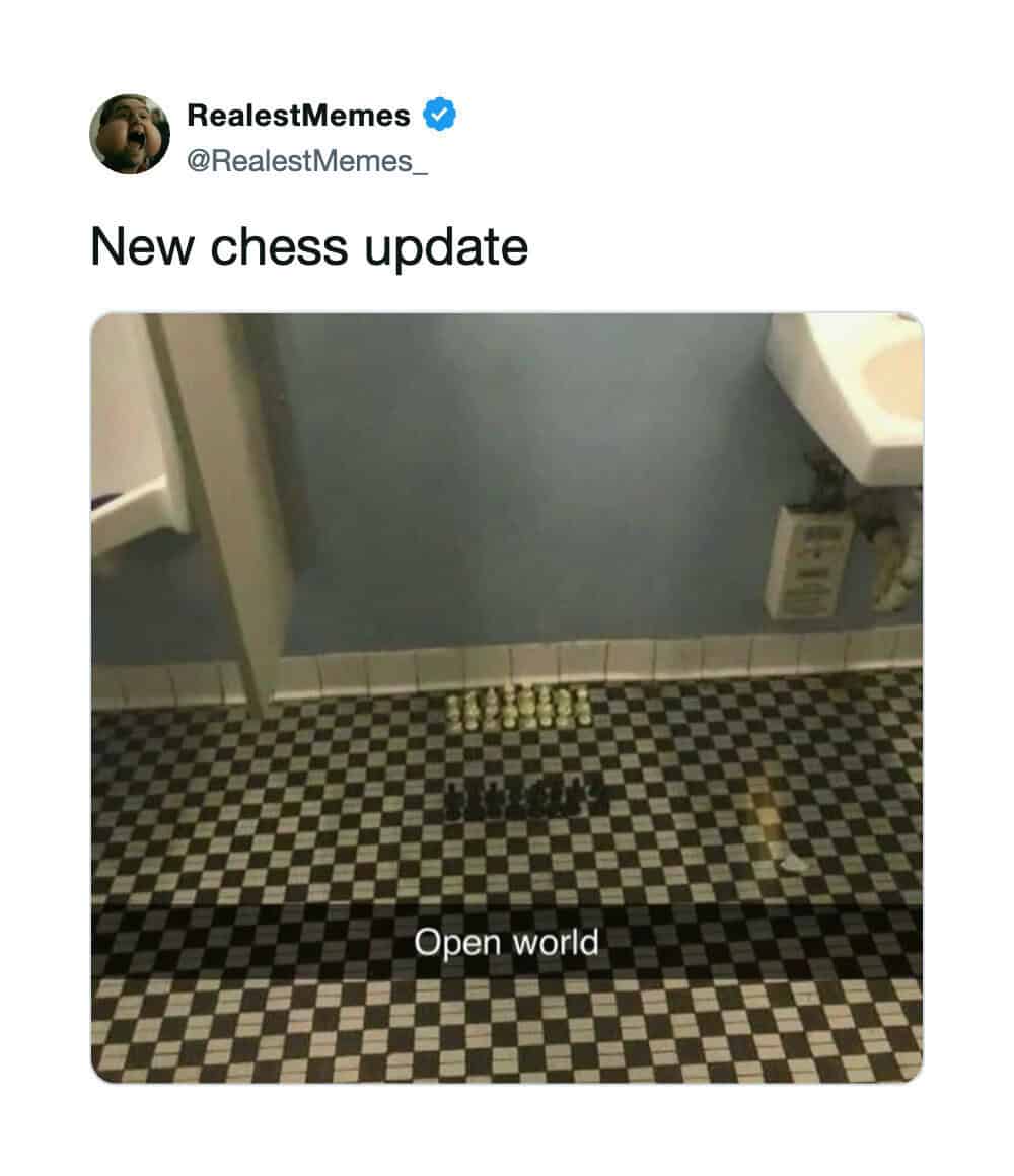 White and black chess pieces arranged for a match across the checkered tile floor of a public restroom in an open-world chess meme.