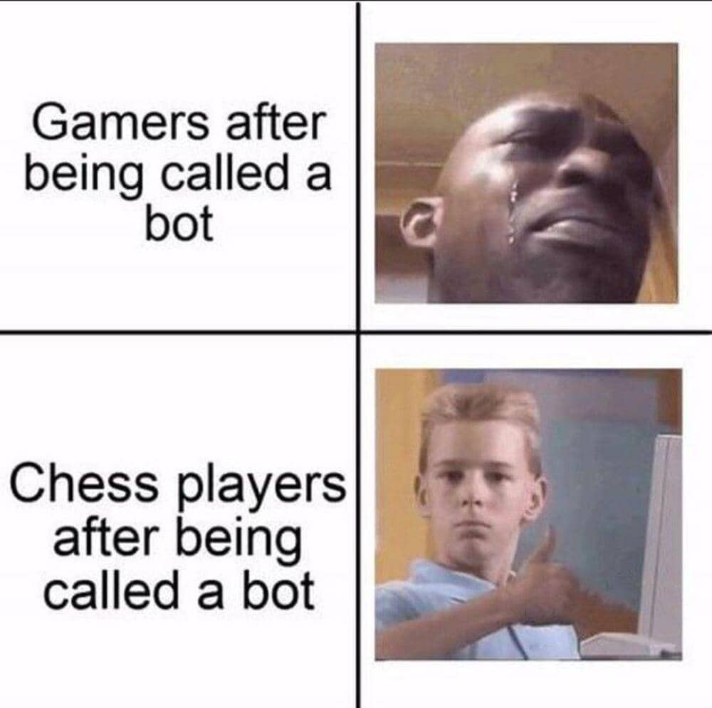 Comparison meme showing video gamers crying at being called a bot while chess players accept it as the highest compliment in a chess meme.