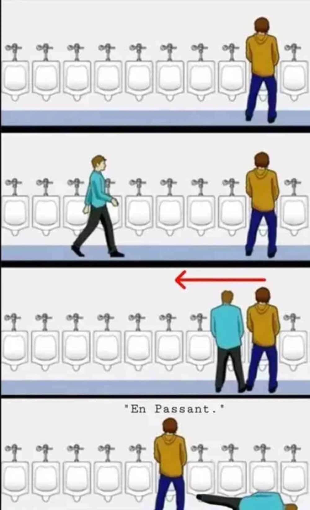 Four-panel comic applying the en passant special move to public restroom urinal spacing and elimination etiquette in a chess meme.
