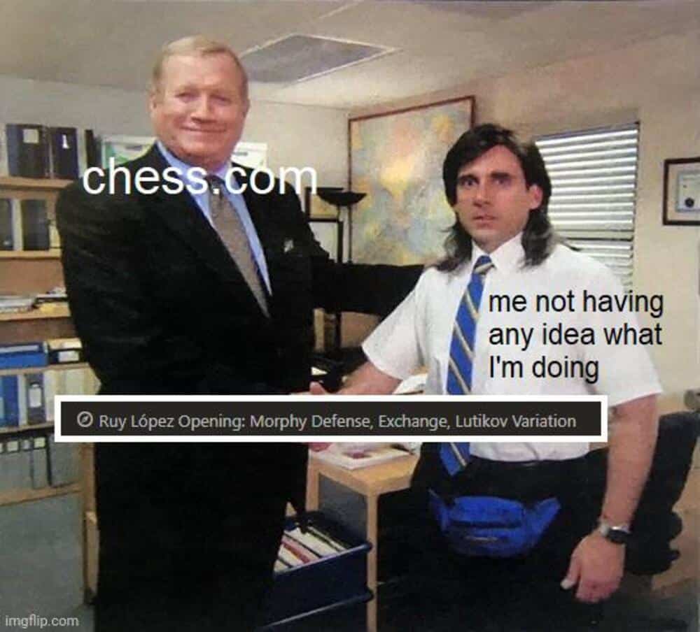 Michael Scott shaking hands with Ed Truck from The Office receiving official opening named praise for random moves in a chess meme.