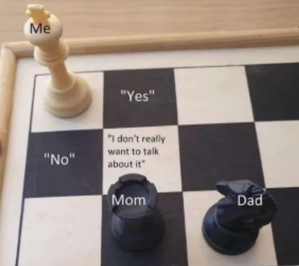 Checkered board with labeled pieces representing family interrogation traps where every king escape leads to awkward conversations in a chess meme.