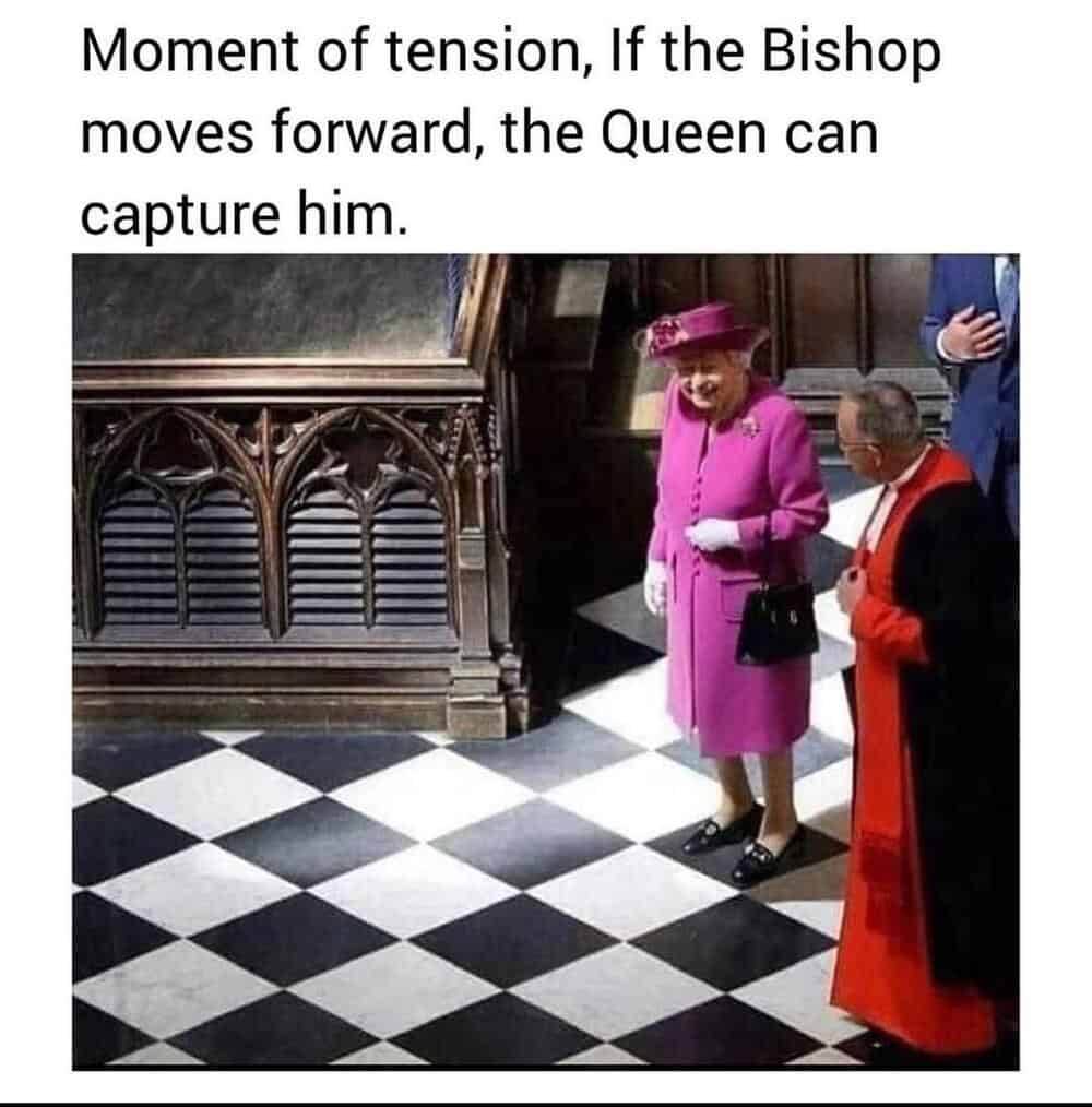 Queen Elizabeth II standing on a checkered floor next to a clergyman labeled as a tactical board position in a chess meme.