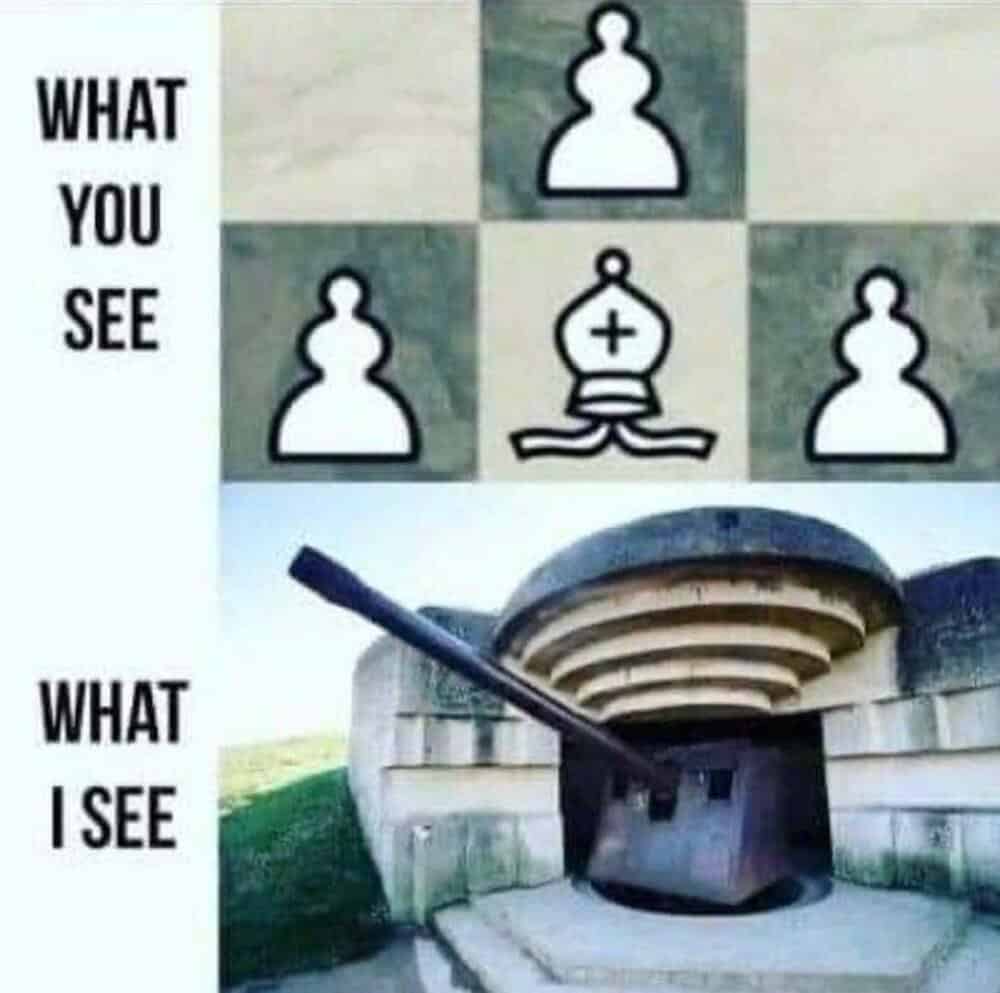 Two-panel graphic comparing a bishop nestled behind a pawn structure to a heavily armored military bunker in a chess meme.