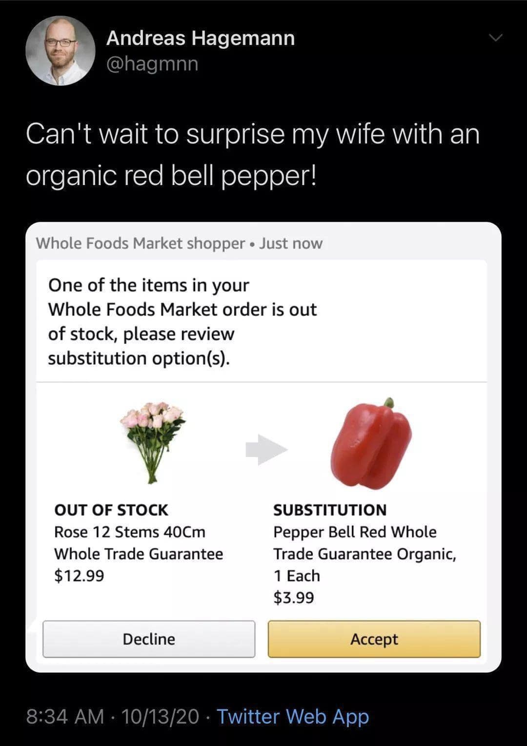 Online grocery order substitution alert swapping an out-of-stock dozen roses for a single red bell pepper, shared as a classic meme.
