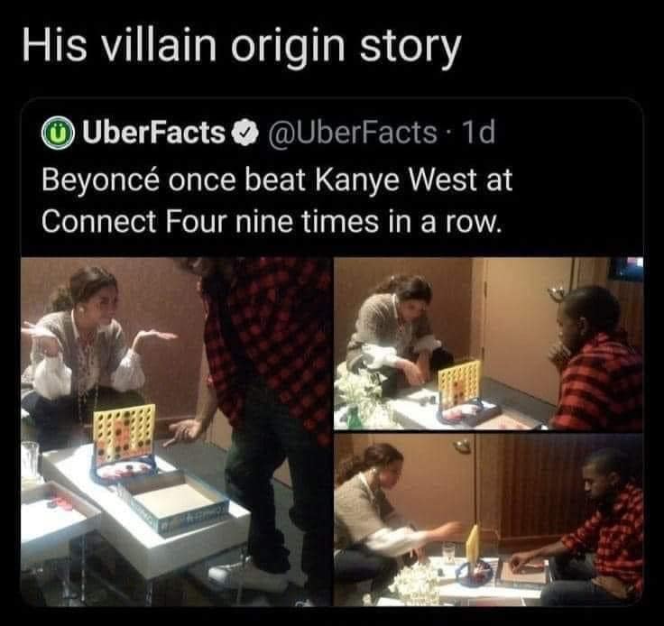 UberFacts tweet about Beyoncé beating Kanye West at Connect Four nine times in a row with photos of them playing on the floor, presented as a classic meme.