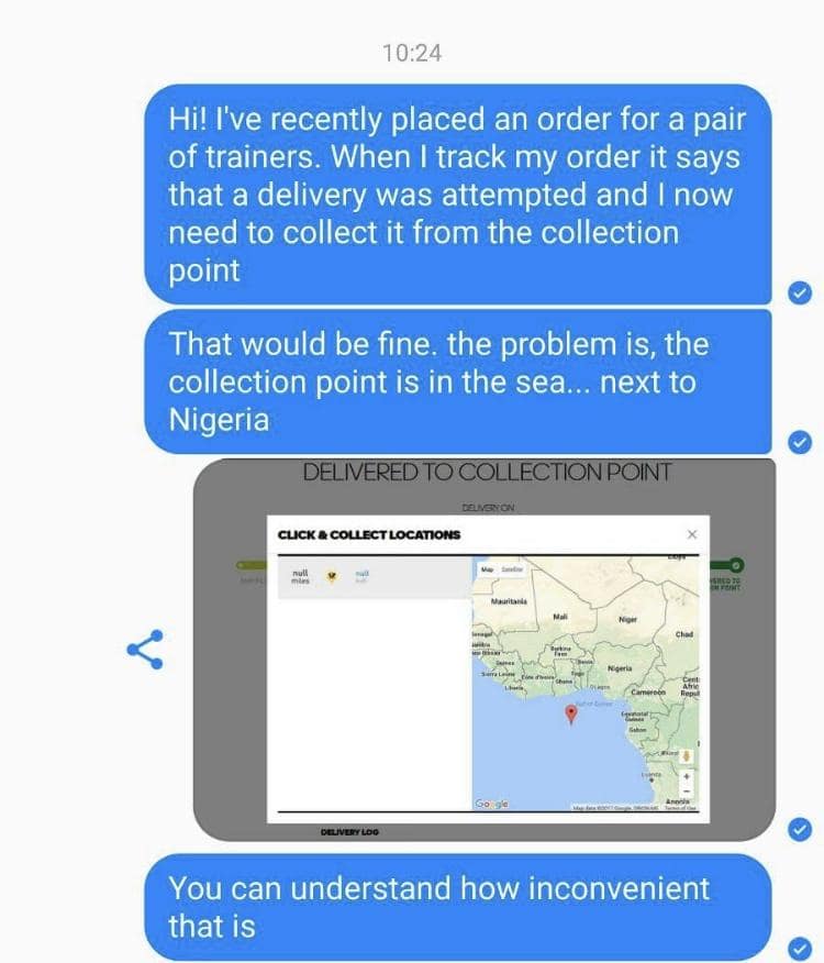 Customer support text conversation pointing out a parcel delivery collection point located in the middle of the Atlantic Ocean off the coast of Africa as a classic meme.