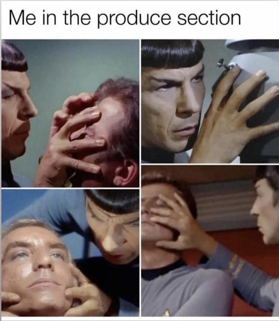 Four-panel grid of Spock from Star Trek grabbing faces during Vulcan mind melds, captioned about inspecting grocery produce in a classic meme.