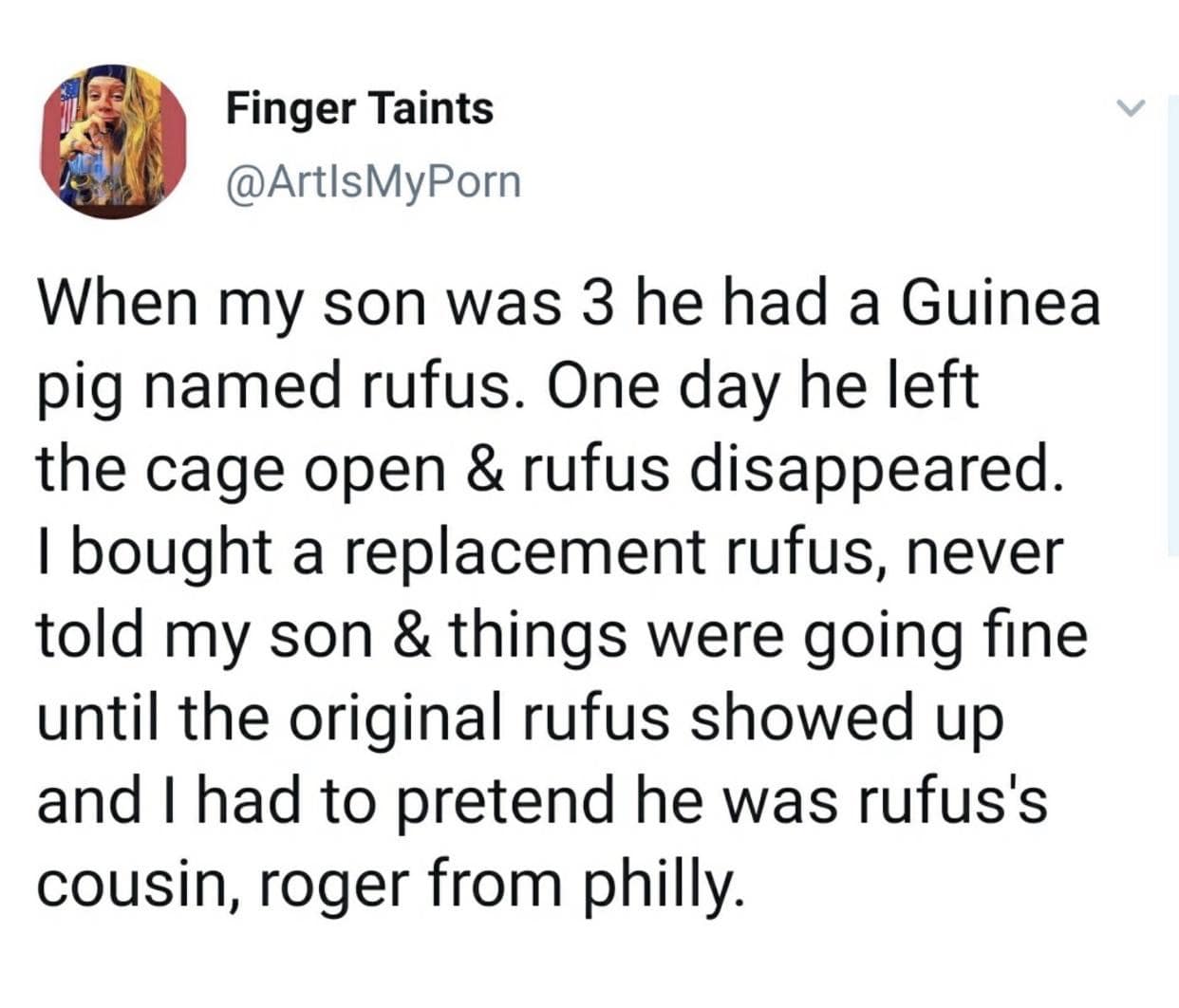 Tweet telling the hilarious story of an escaped guinea pig returning after being replaced, forcing a fake backstory as a cousin from Philly in a classic meme.