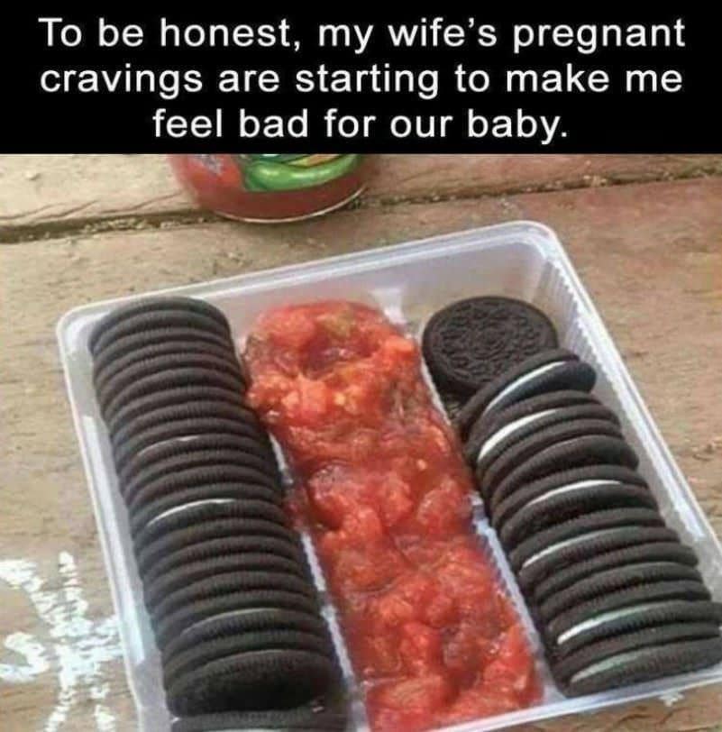 Plastic grocery tray of Oreo cookies featuring a center divider packed with chunky red tomato salsa in a classic meme.