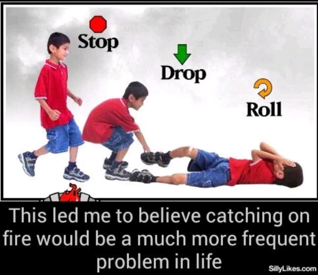 Educational 'Stop, Drop, and Roll' diagram captioned about wildly overestimating fire frequency in adult life in a classic meme.