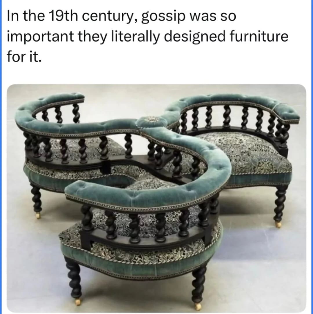 Photo of a Victorian three-seater conversation sofa built specifically for sharing gossip in a classic meme.