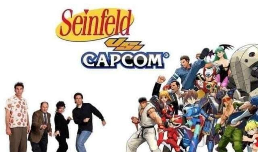 Parody video game crossover graphic titling 'Seinfeld vs CAPCOM' featuring Jerry, George, Elaine, and Kramer fighting Capcom heroes in a classic meme.
