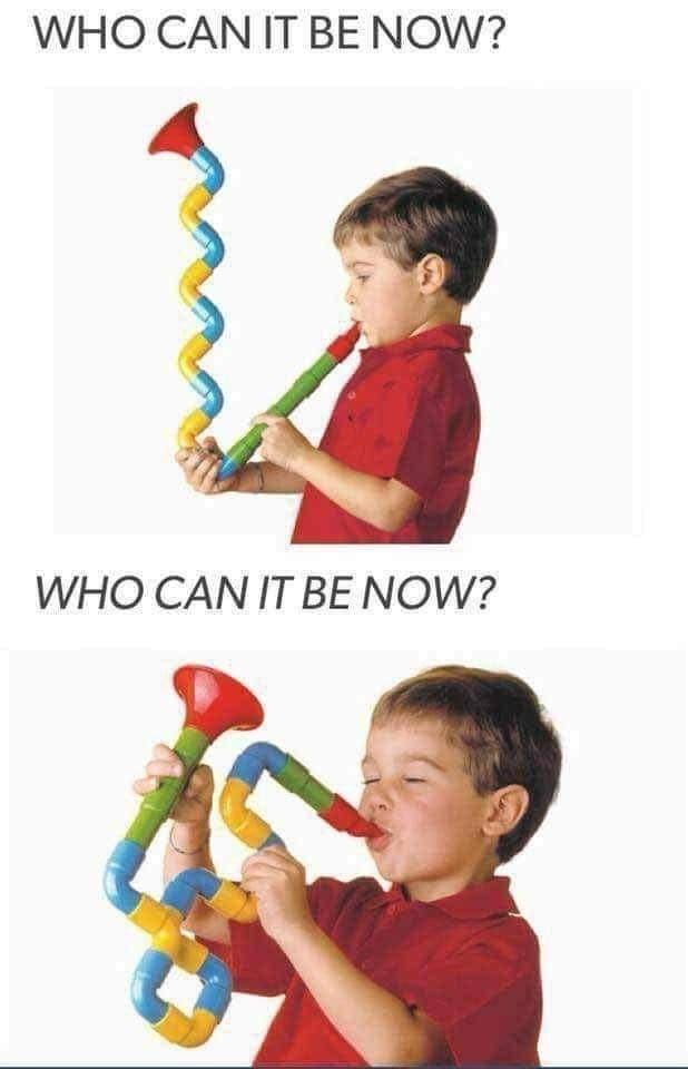 Two-panel photo of a young boy passionately jamming on a plastic toy saxophone to Men at Work's 'Who Can It Be Now' in a classic meme.