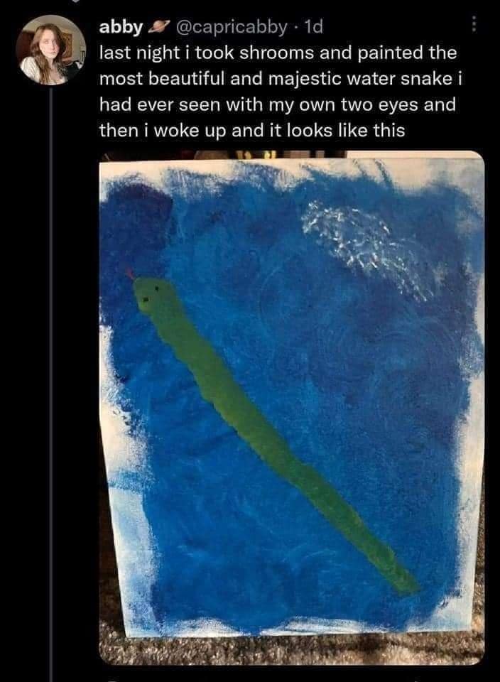 Tweet showing a simple green streak on a blue canvas, revealed as a failed late-night shroom masterpiece in a best memes post.