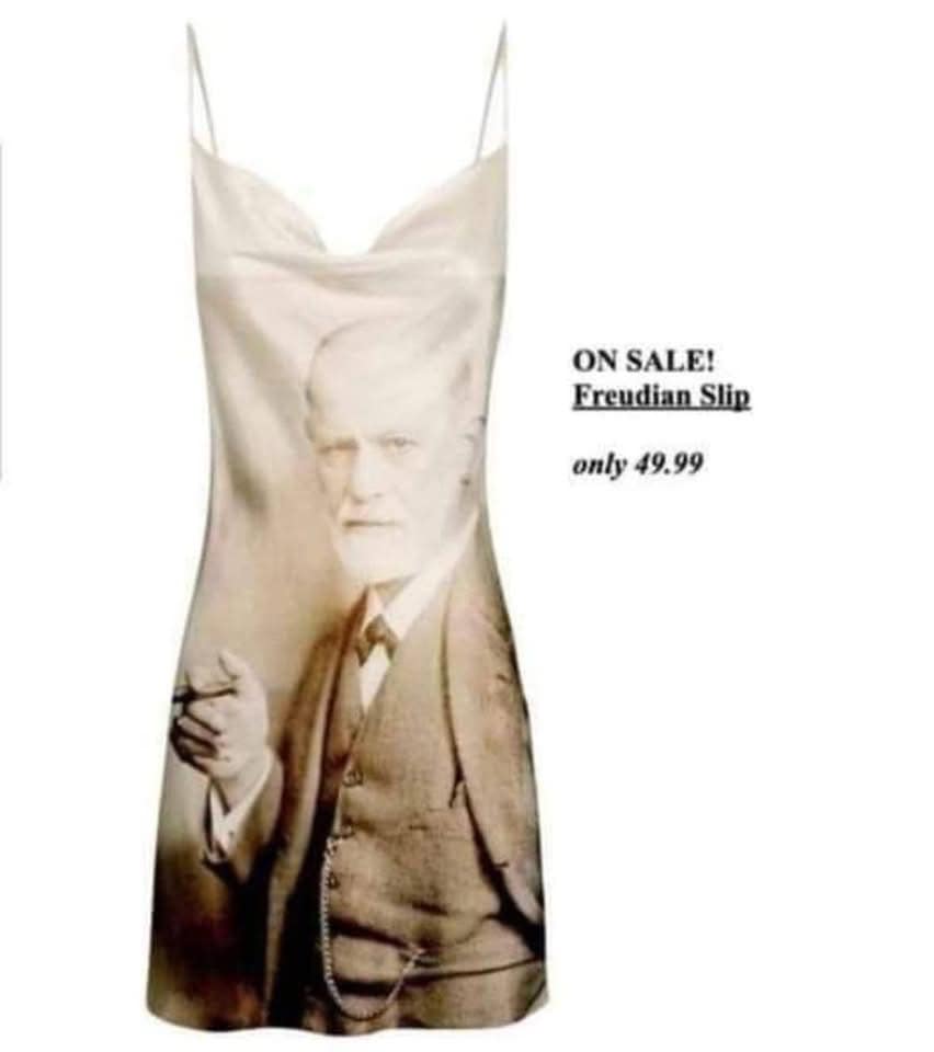 Literal pun fashion listing showing a silk slip dress printed with Sigmund Freud's face labeled 'Freudian Slip' in a classic meme.