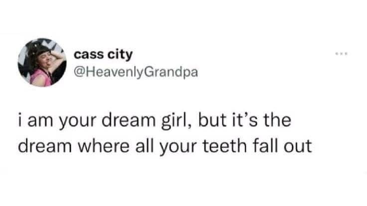 Self-deprecating tweet describing oneself as a dream girl specifically from the nightmare where all your teeth fall out in a classic meme.