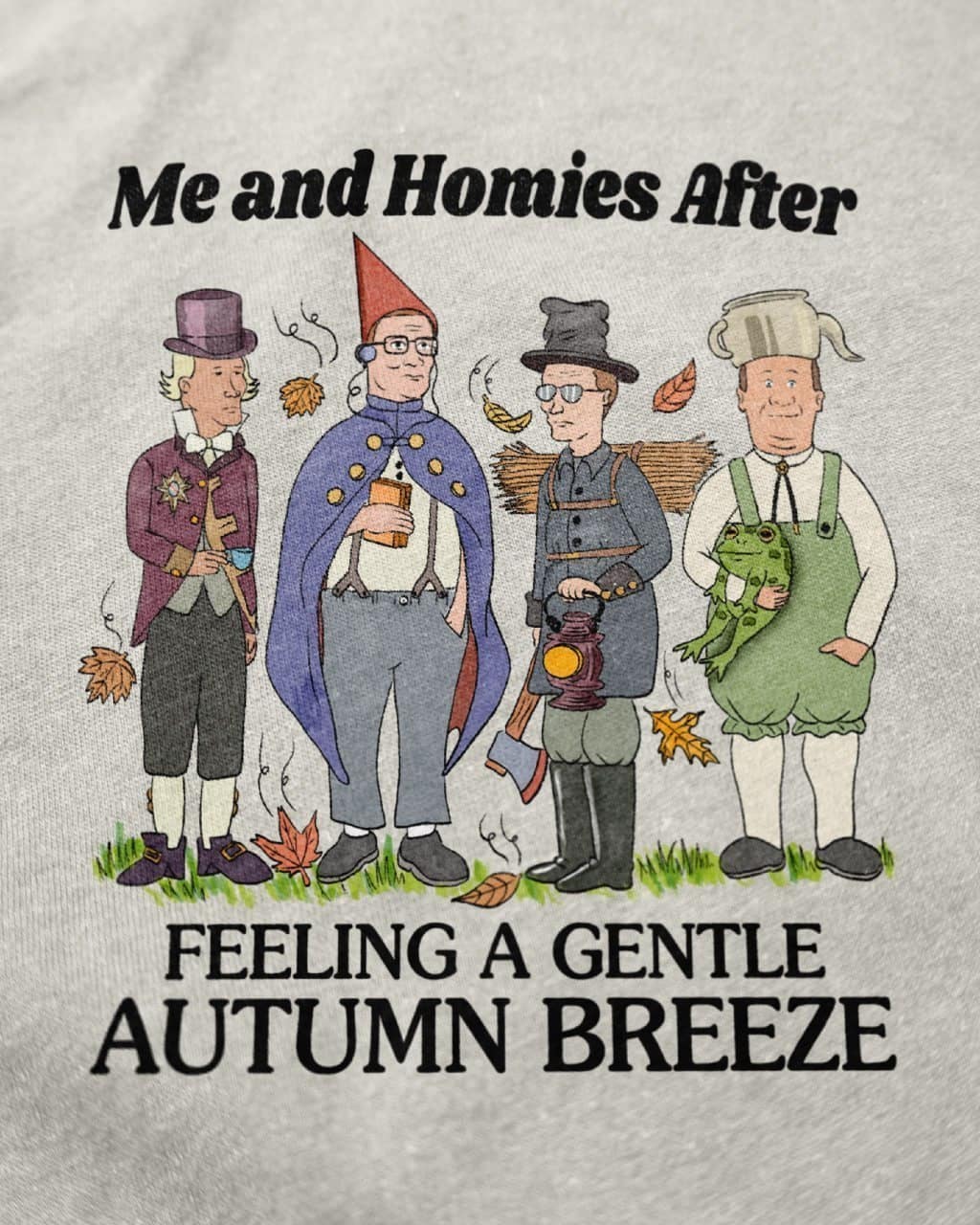 Fan art crossover mashup of King of the Hill characters dressed as Over the Garden Wall characters welcoming an autumn breeze in a classic meme.