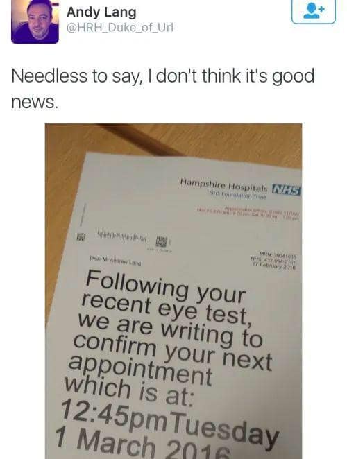 Tweet showing a medical appointment letter printed in massive oversized font following an eye test as an iconic classic meme.