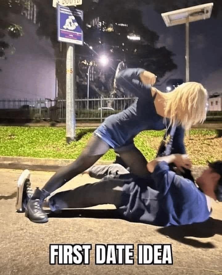 Action shot of a woman tackling a man on the pavement with 'FIRST DATE IDEA' text overlay in a classic meme.
