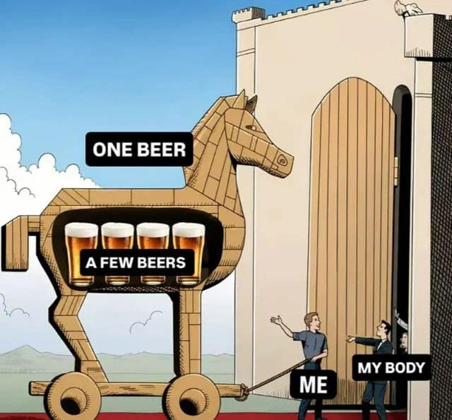 Trojan Horse illustration labeled 'One Beer' secretly hiding 'A Few Beers' inside as it enters 'My Body' in a classic meme.
