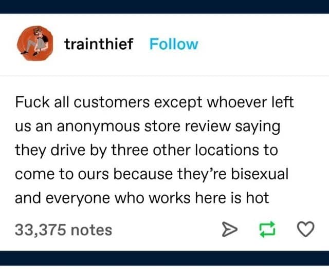 Tumblr post praising an anonymous customer review complimenting an entire store staff's attractiveness as a classic meme.