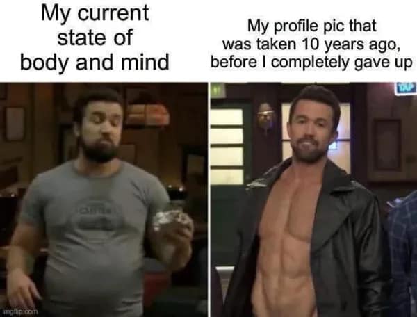 Split-screen It's Always Sunny in Philadelphia Mac comparison contrasting current out-of-shape reality with a decade-old shredded profile picture in a classic meme.