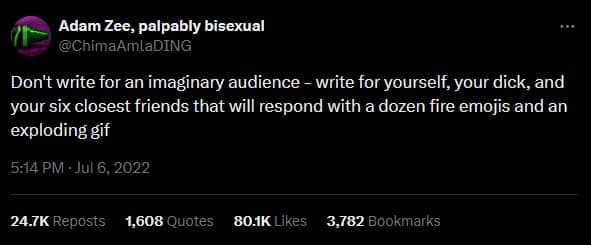 Tweet advocating for writing content strictly for yourself and close friends who spam fire emojis in a classic meme.