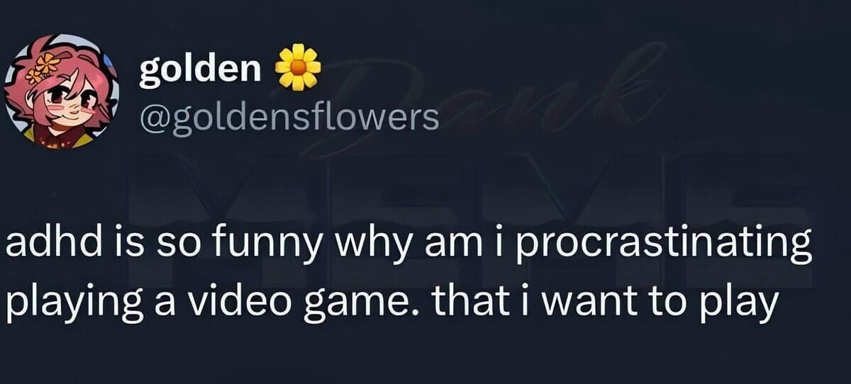 Text tweet highlighting ADHD executive dysfunction by asking why someone would procrastinate playing a video game they actually want to play in a classic meme.