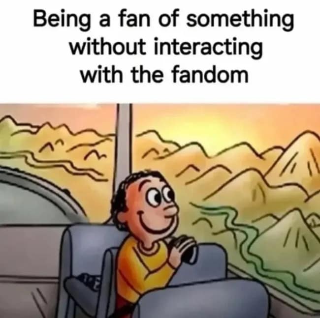 Two Guys on a Bus meme showing the happy passenger enjoying a franchise without entering the toxic fandom in an old memes edit.