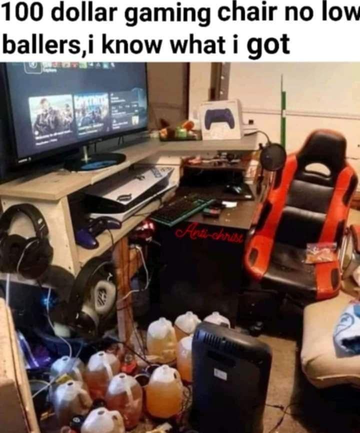 Unhinged gaming desk listing selling a $100 chair in a room filled with floor jugs of urine in a classic meme.