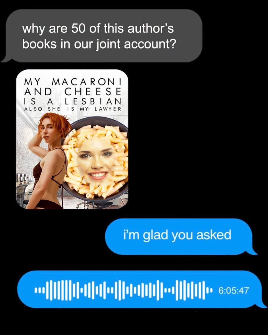 Text message showing a bizarre macaroni romance book cover followed by a six-hour voice note explanation in a classic meme.