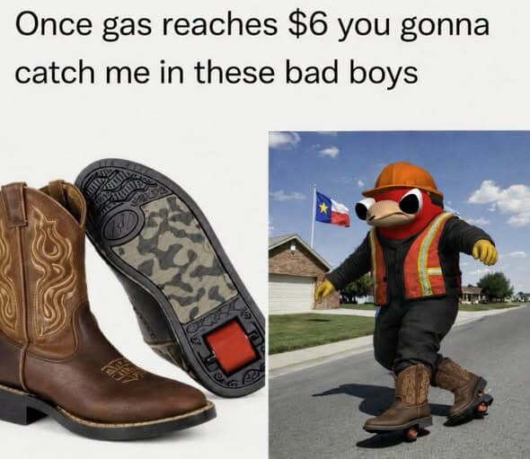 Cowboy boots fitted with Heelys wheels side-by-side with Ugandan Knuckles in safety gear rolling down a street in a classic meme.