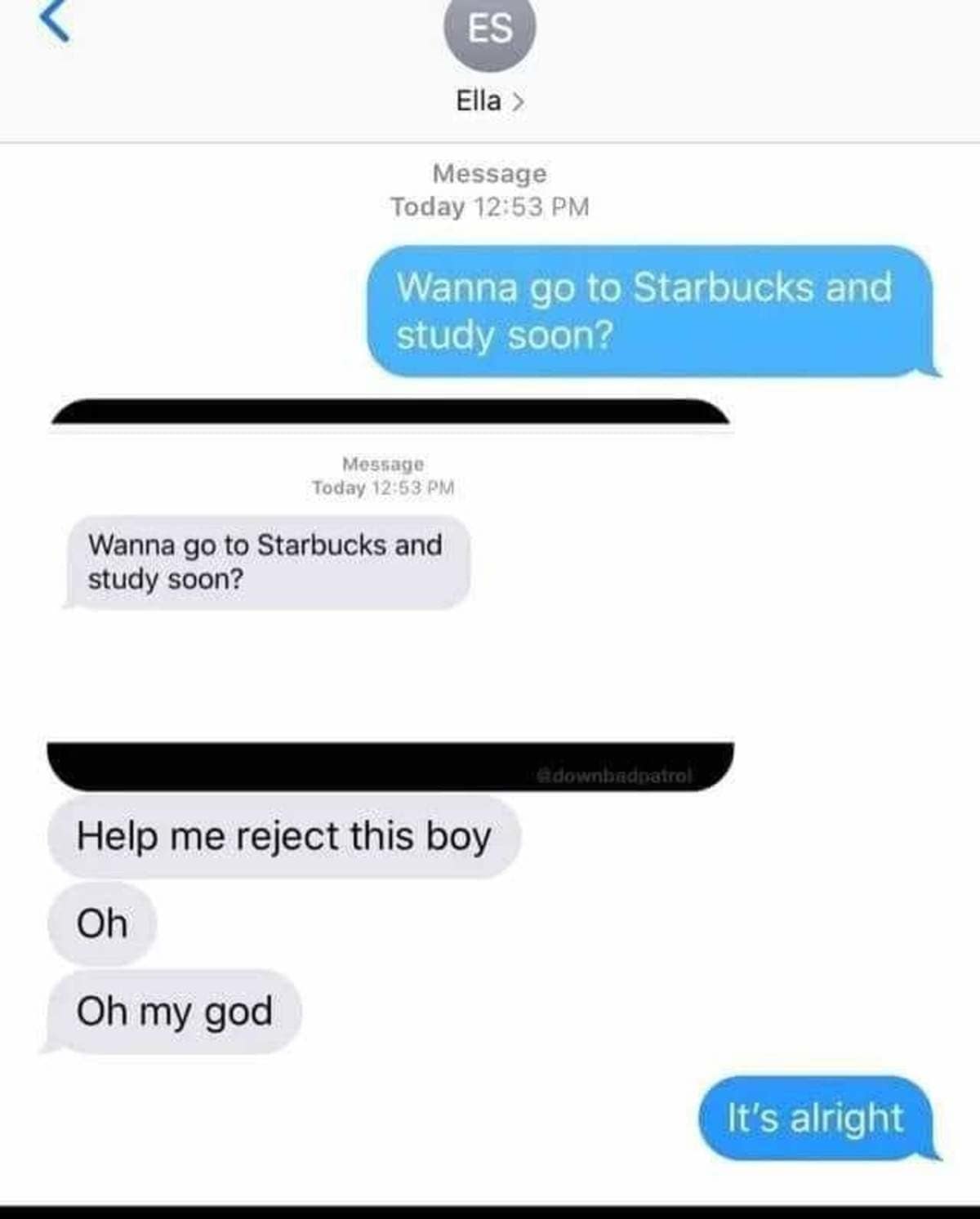 Text message fail where a girl accidentally sends a screenshot asking for rejection advice back to the guy who invited her out in an old memes post.
