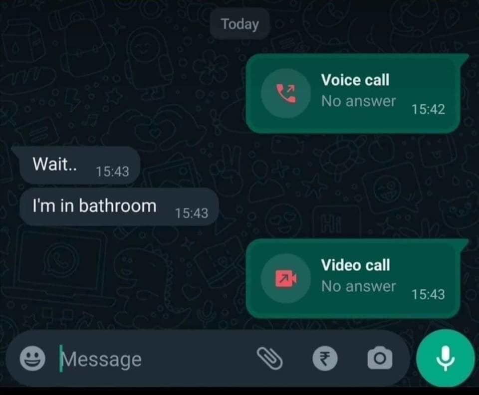 WhatsApp chat screenshot where a friend texts "I'm in bathroom" and the sender instantly responds by initiating a video call in a classic meme.