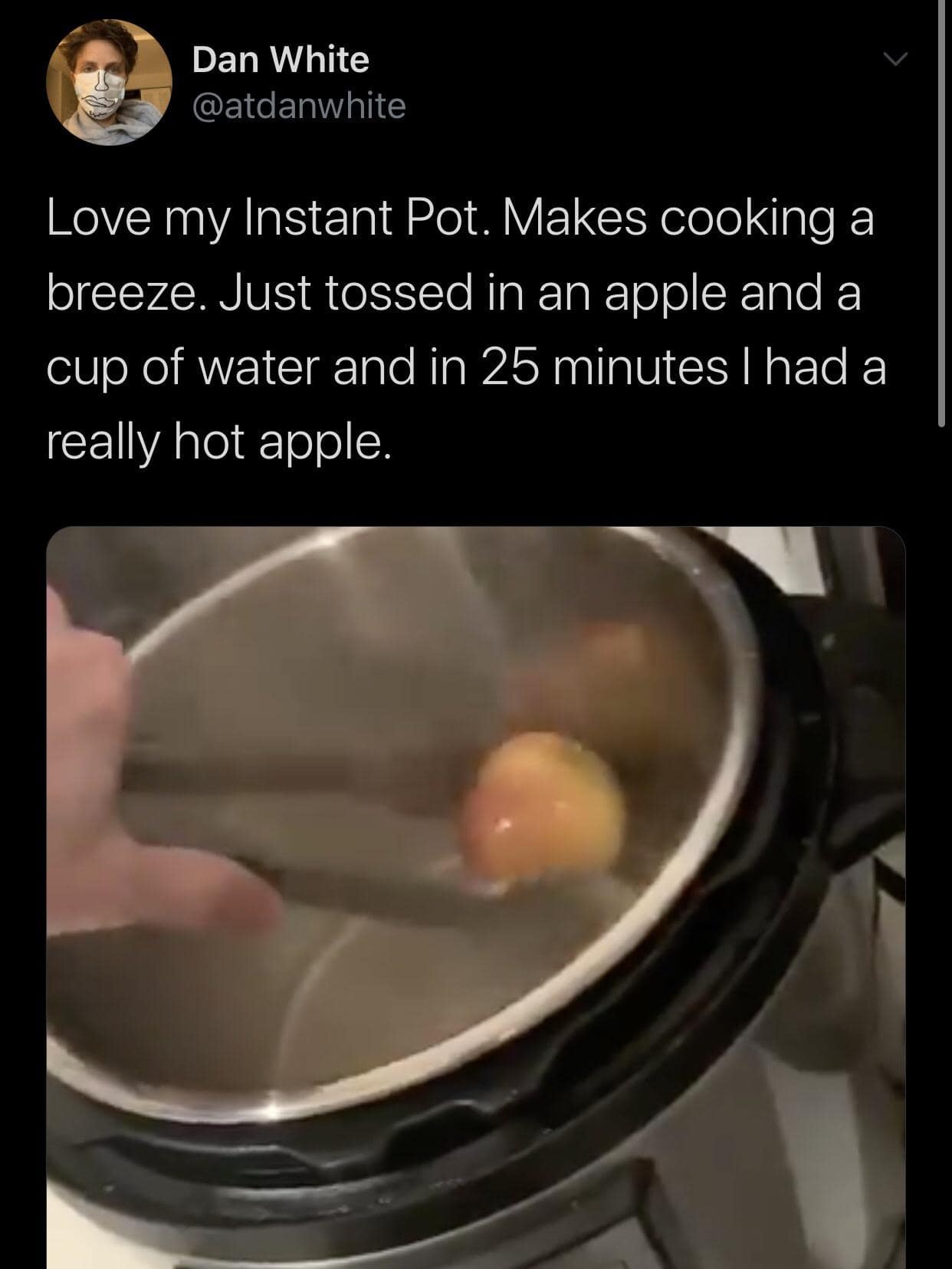 Tweet showing an Instant Pot containing a single steaming apple after 25 minutes of pressure cooking in a classic meme.
