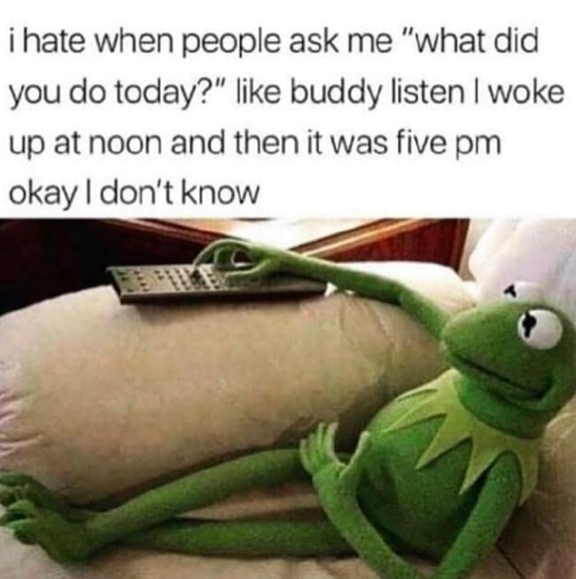 Kermit the Frog lounging on a sofa holding a TV remote while wondering where the day went in a classic meme.