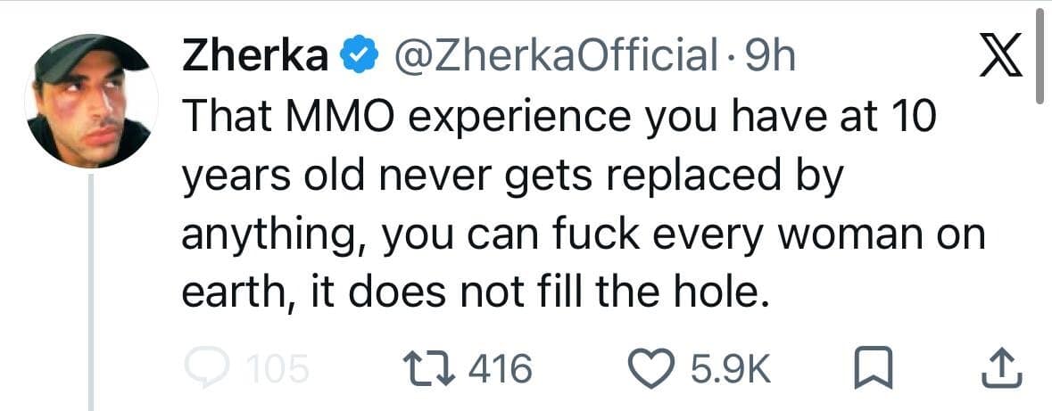 Unhinged tweet lamenting that adult life can never match the magical feeling of playing 2000s MMORPGs as a child in a classic meme.
