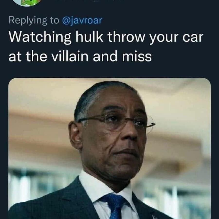 A classic meme featuring Giancarlo Esposito looking devastated as superhero collateral damage when Hulk throws a civilian car and misses.