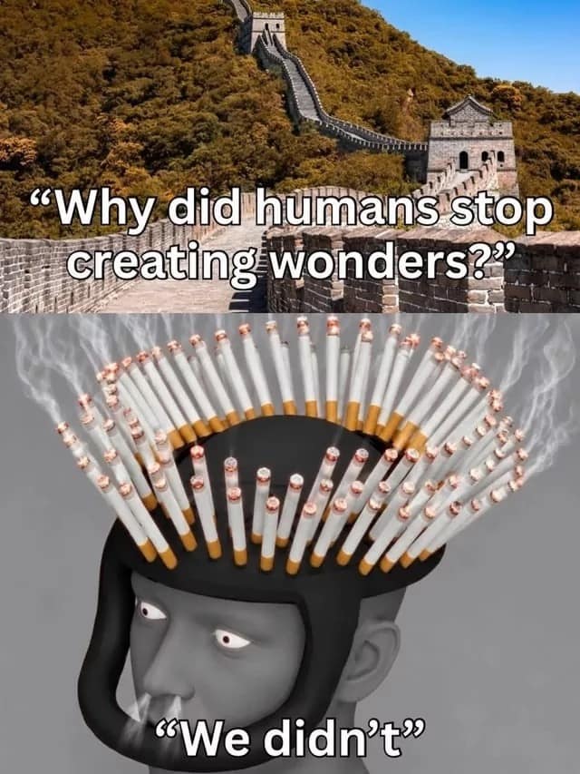 Comparison between the Great Wall of China and a 3D avatar wearing a helmet holding dozens of smoking cigarettes in a classic meme.