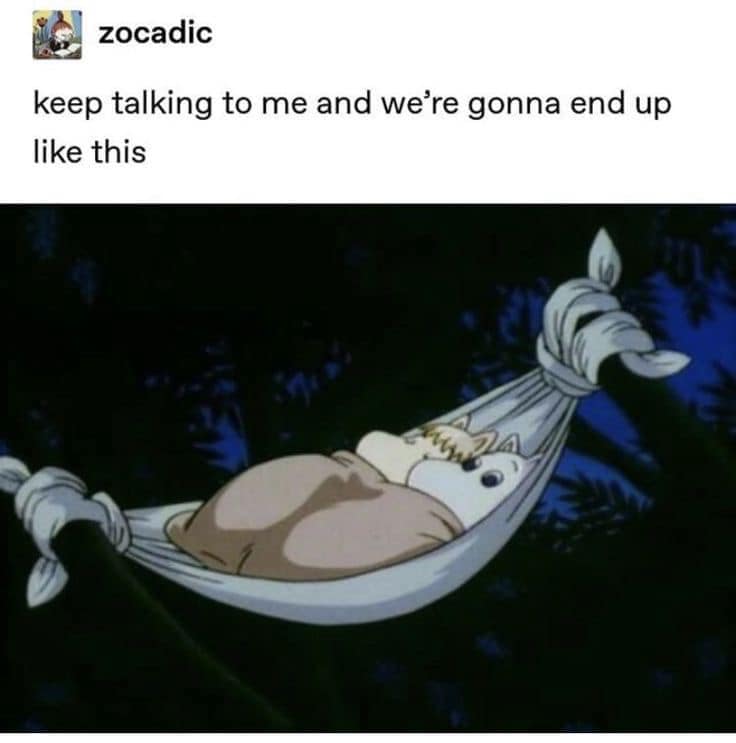 Wholesome animation frame of Moomin characters sleeping peacefully in a tree hammock, captioned as an unexpected romantic invitation in a classic meme.