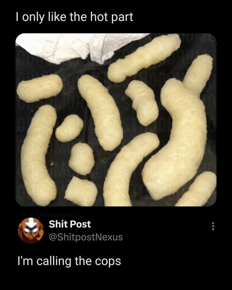 Photo of hot corn puffs with all seasoning sucked off leaving plain nude snacks, reported to the cops in an old meme.
