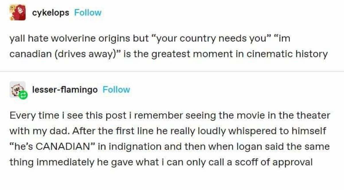 Tumblr thread celebrating Wolverine's iconic Canadian draft-dodging line from X-Men Origins as a cinematic masterpiece in a classic meme.