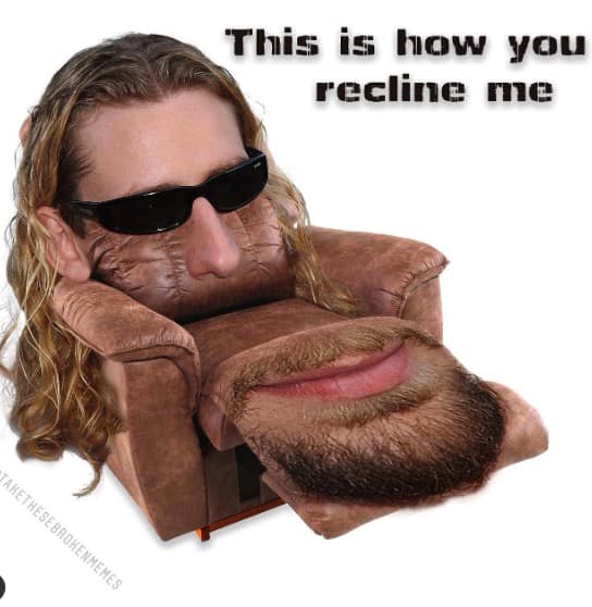 Unhinged surreal edit of a long-haired man's face with sunglasses stretched across a brown leather recliner chair in a classic meme.