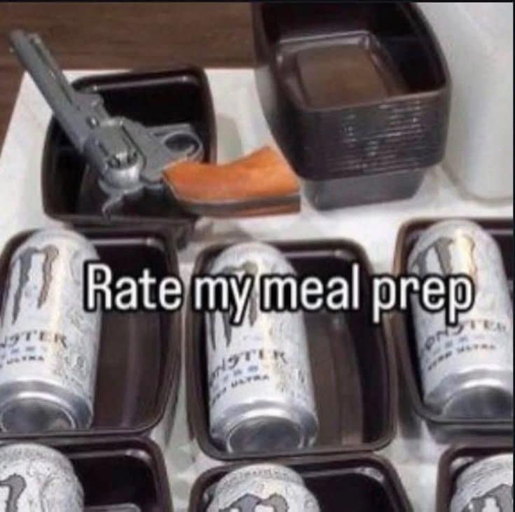 Meal prep containers packed exclusively with cans of white Monster Energy Zero Ultra and a revolver handgun in an old memes upload.